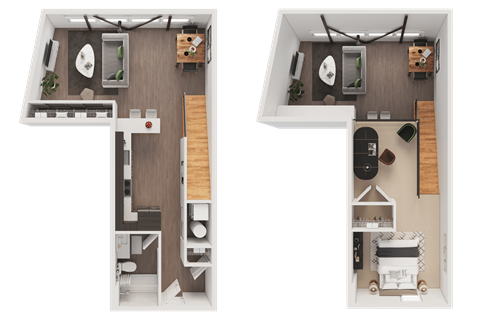 Floor plan for 1 bed, 1 bath, 837 sqft